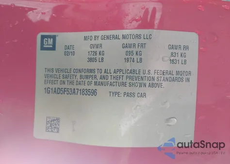 2010 Chevrolet Cobalt Lt from USA, damaged, VIN 1G1AD5F53A7183596